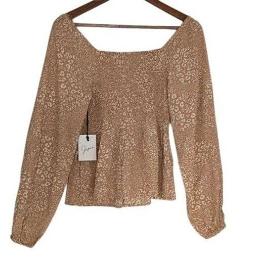 Japna Leopard Print Smocked Peplum Top M NWT Square Neck Long Slve Peasant Boho