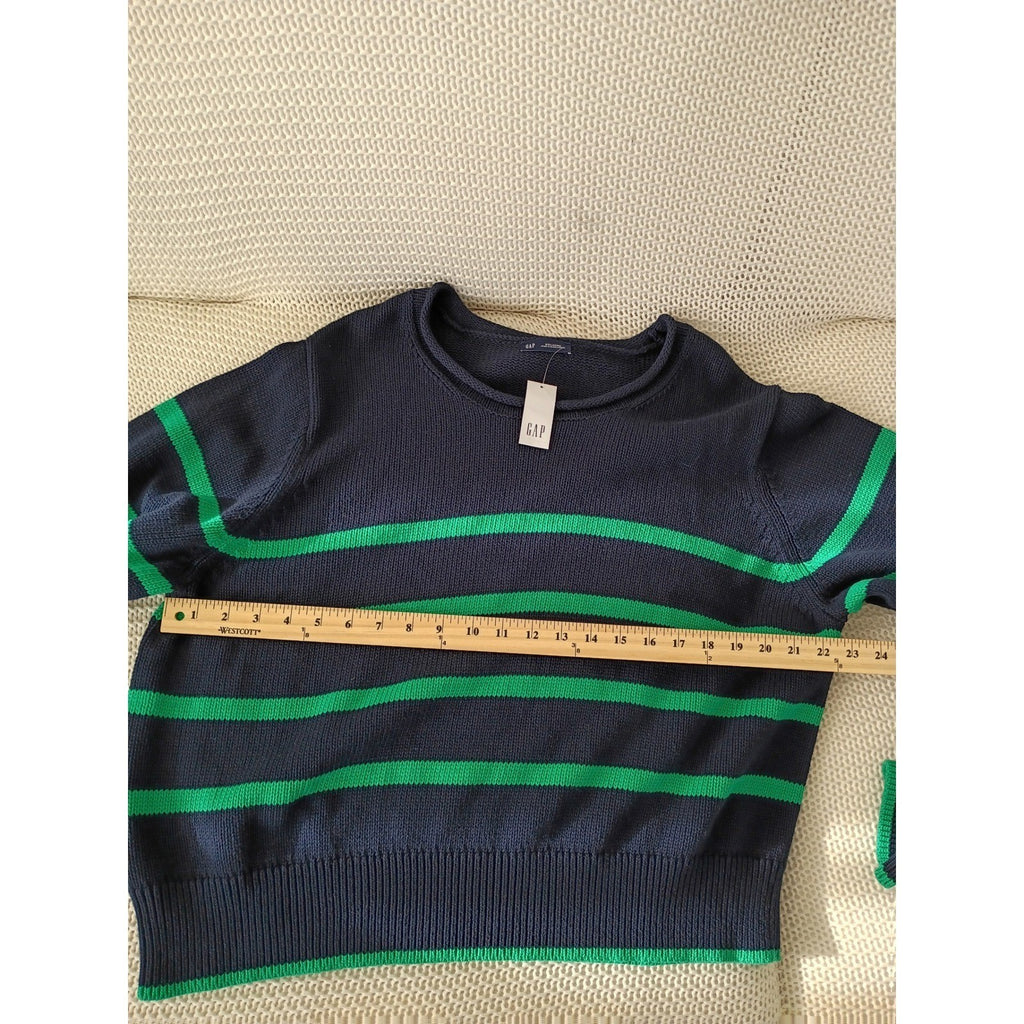 GAP NWT Navy Green Striped 100% Cotton Crewneck Sweater L Pullover Relaxed Fit