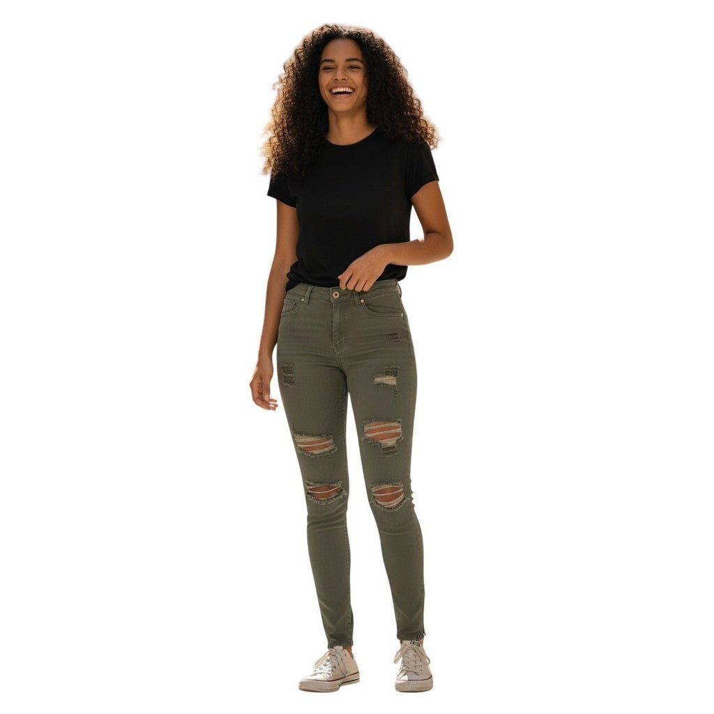 VIP JEANS Olive Green Cropped Distressed Ripped Skinny Jeans 28x25 Edgy