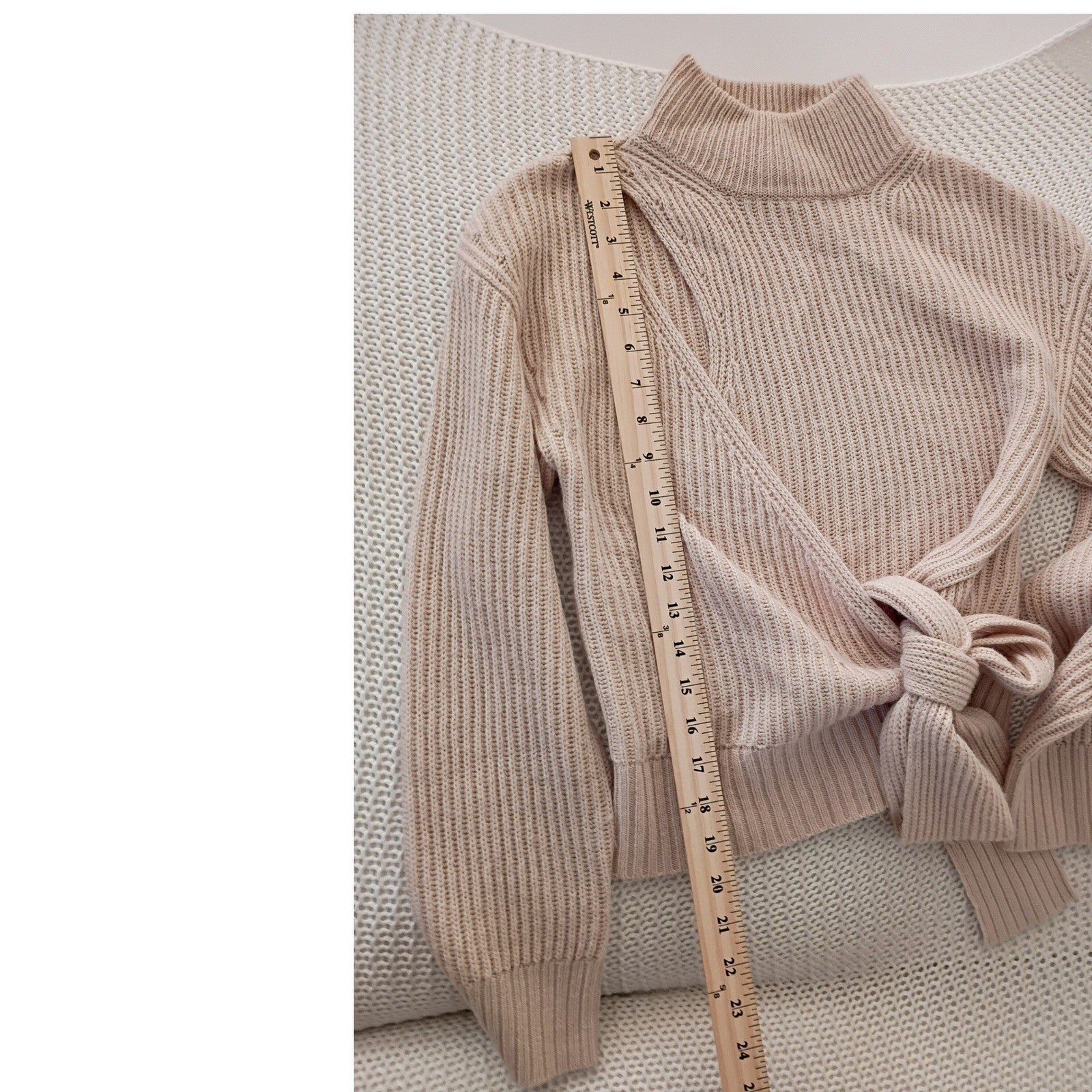 ASTR The Label Chic Elegant Cream Ribbed Mock Neck Wrap Tie Sweater Size S