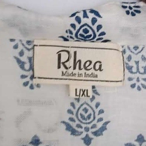 RHEA Blue White Block Print 100% Cotton Blouse L/XL Boho Bell Sleeve Tie Artisan