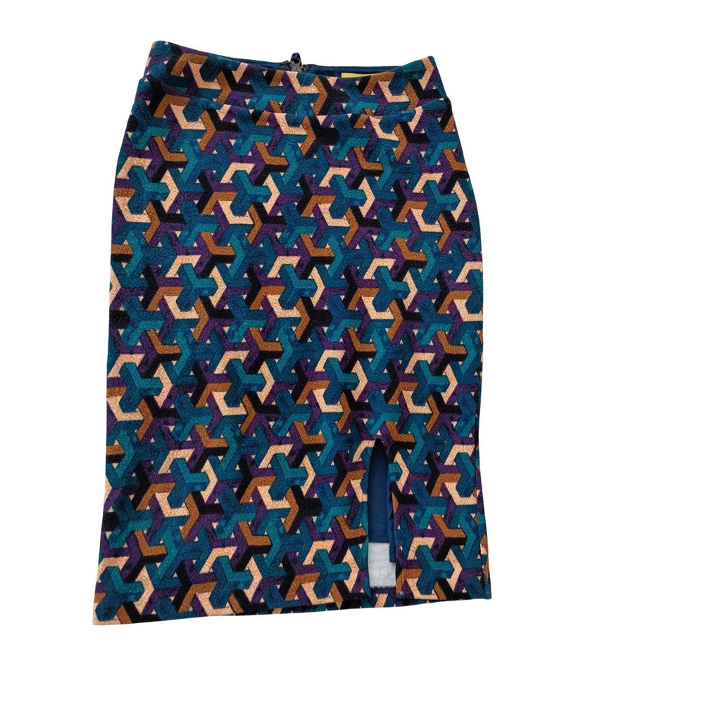 Maeve Anthropologie Geometric Optical Illusion Pencil Skirt Teal Purple Cotton S