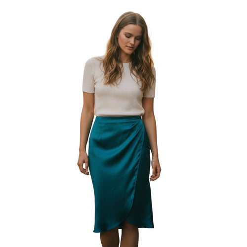 90s Minimal Satin Slip Midi Skirt Teal Clean Girl Aesthetic S NWOT
