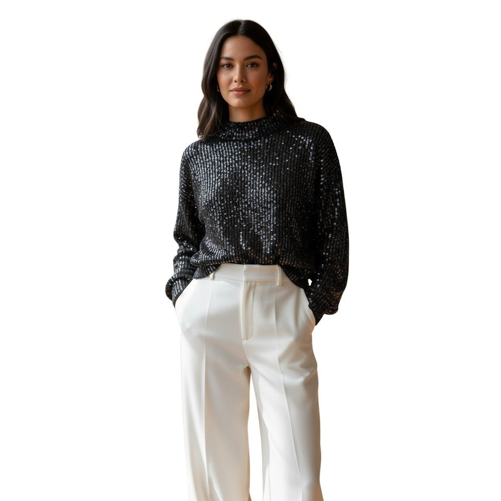 NWT Sequin Cropped Mock Neck Sweater Black Marled Party Knit Fits S