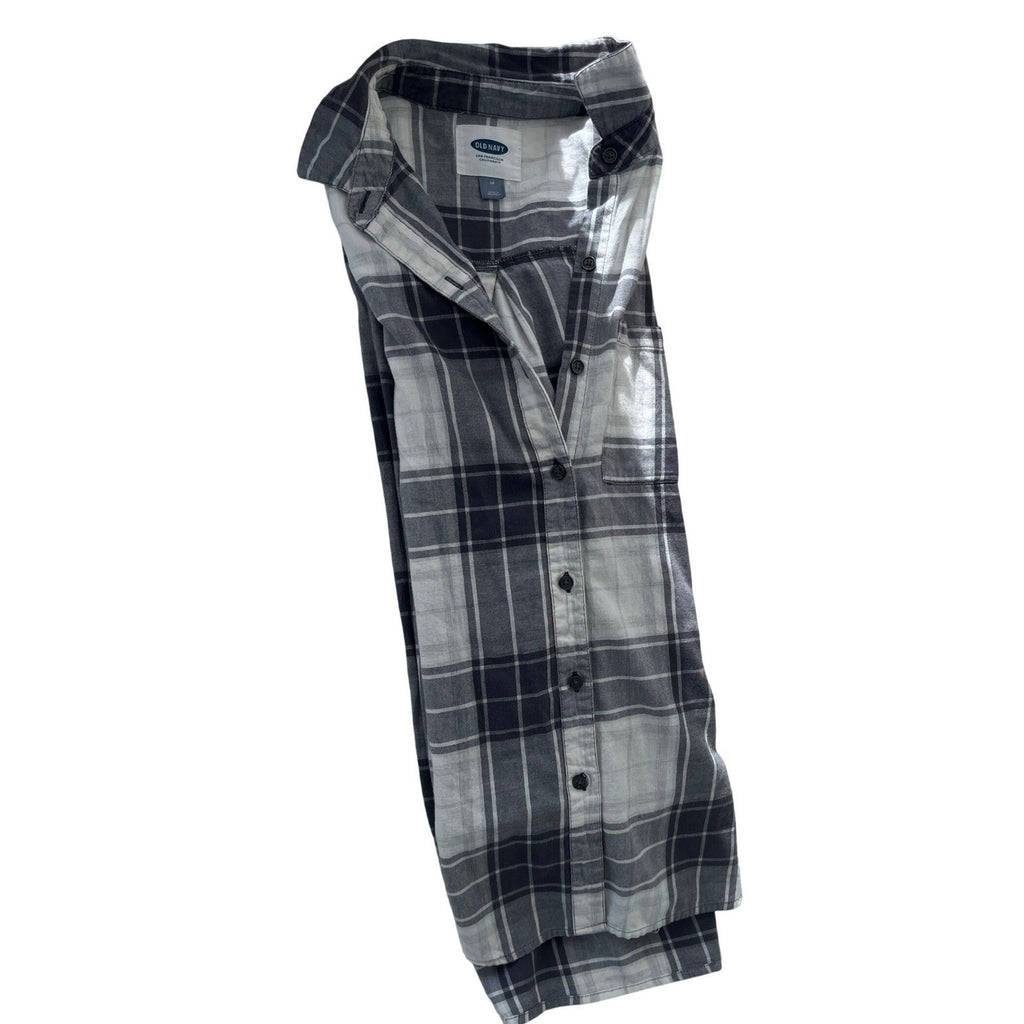 Old Navy Oversized Flannel Shirt M/L Blue Gray White Plaid Cotton Boyfriend