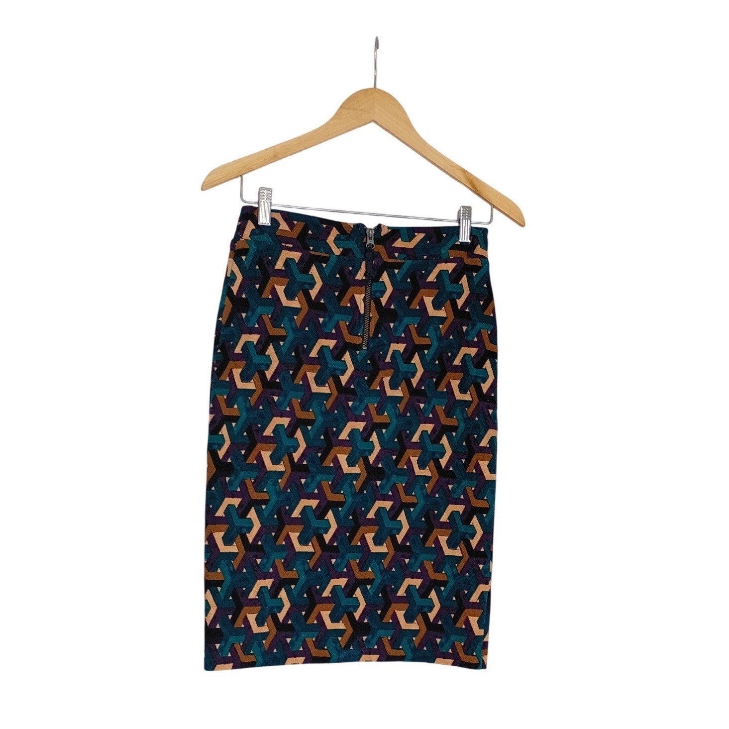Maeve Anthropologie Geometric Optical Illusion Pencil Skirt Teal Purple Cotton S
