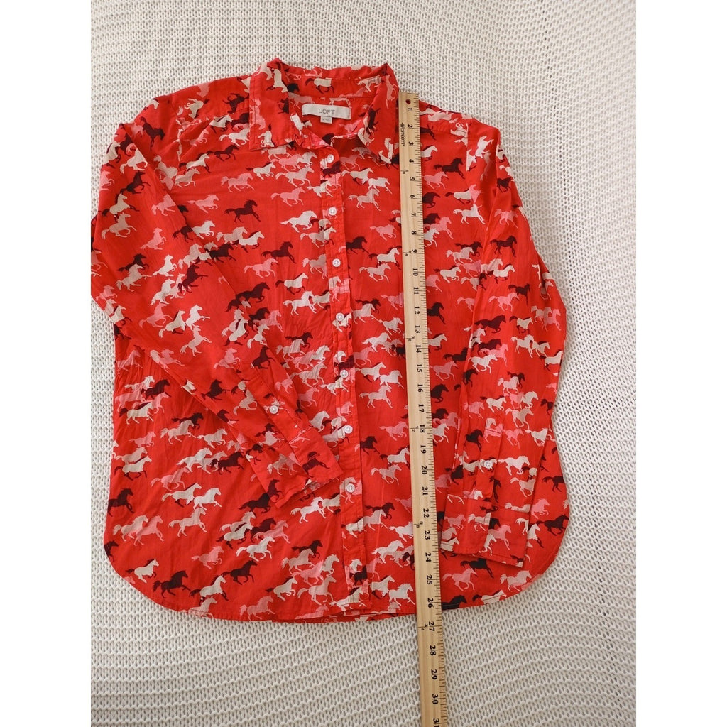 LOFT $60 Red Horse Equestrian Print Cotton Shirt Medium M Long Sleeve Preppy