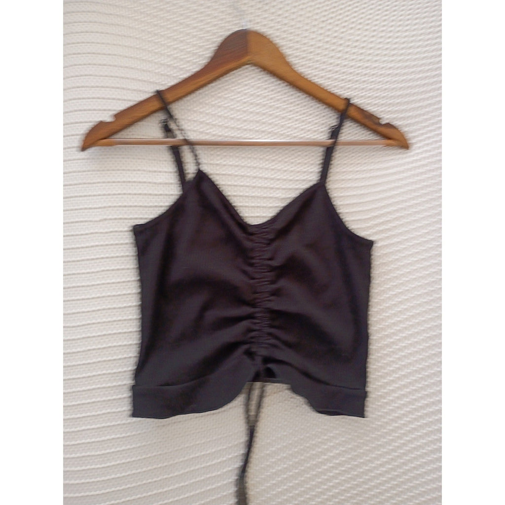 LOVE TREE Black Ribbed Cinched Front Cami Top Spaghetti Strap Cropped Coquette S