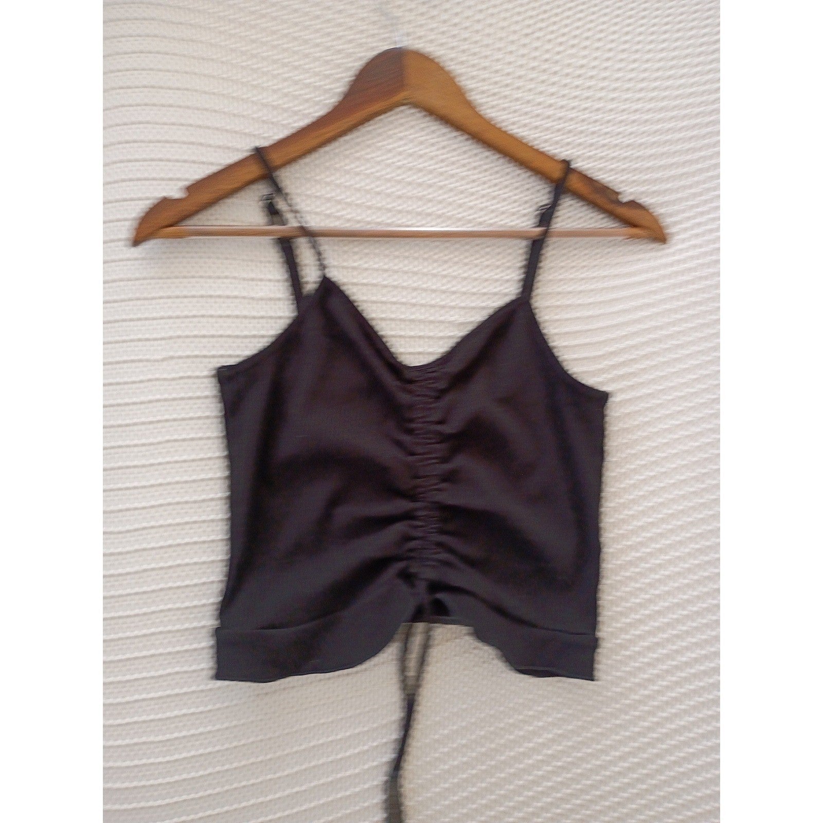 LOVE TREE Black Ribbed Cinched Front Cami Top Spaghetti Strap Cropped Coquette S