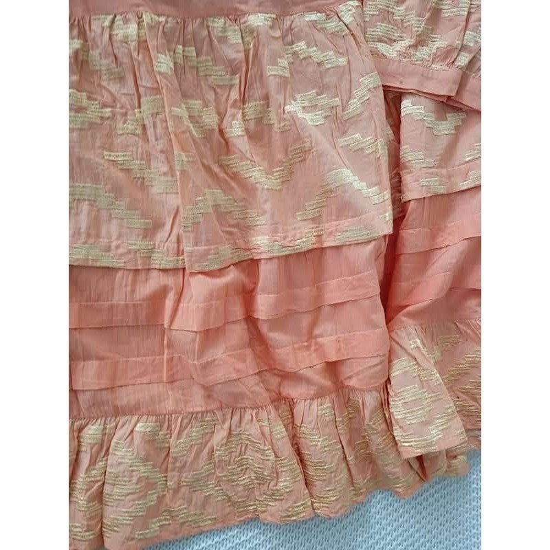 NWT RHEA Peach Gold Metallic Ikat Boho Tiered 100% Cotton Mini Dress L XL V-Neck