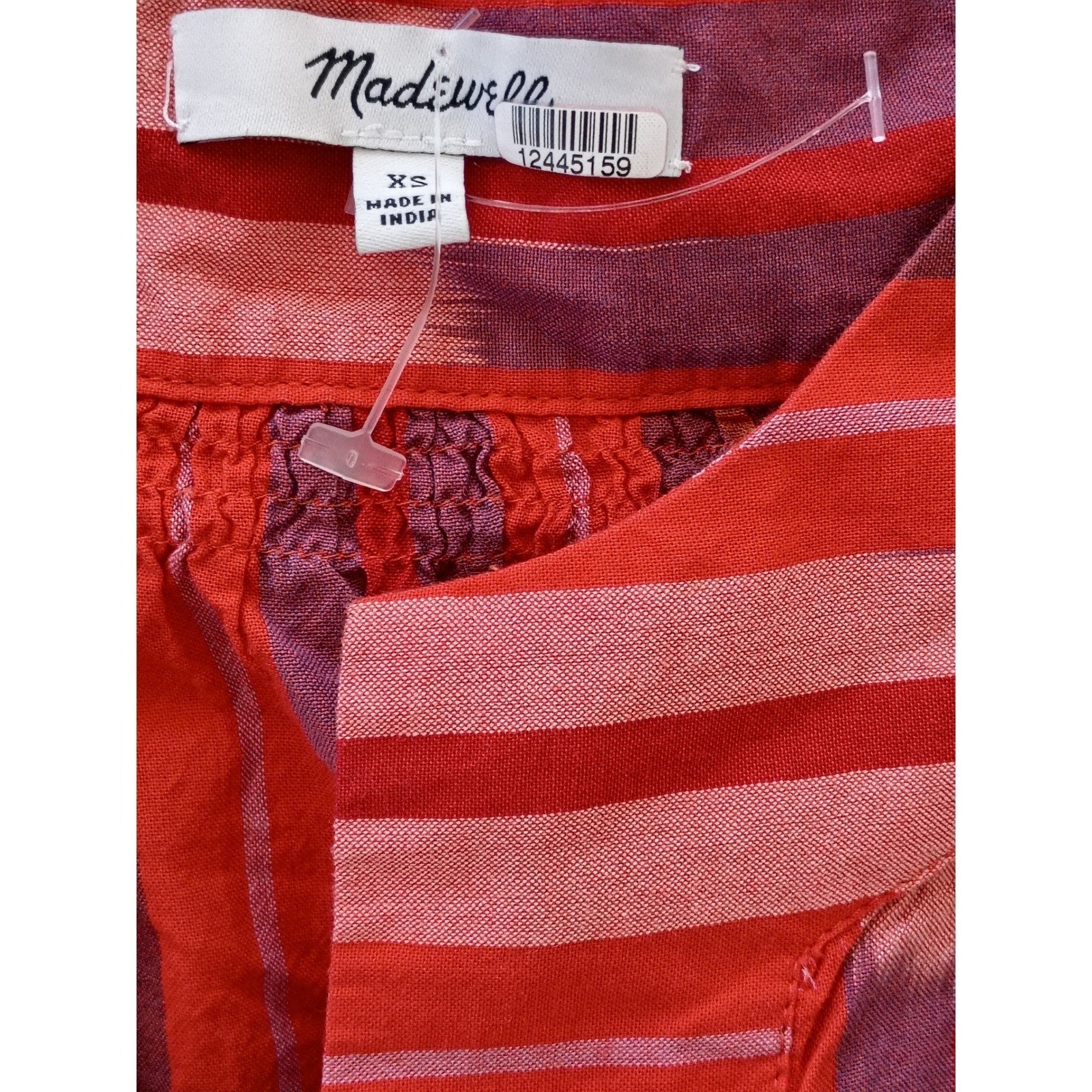Madewell Red Boho Ikat Stripe 100% Cotton Tie Cuff Blouse Fits S M NWOT $78