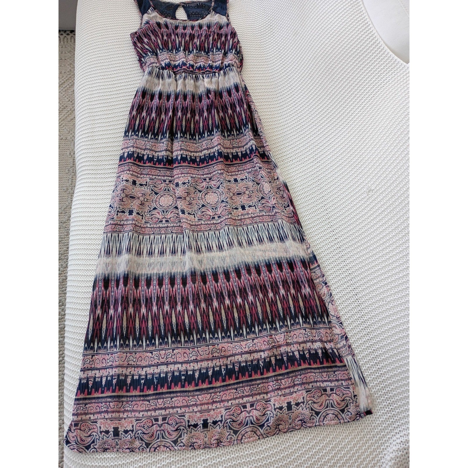 Trixxi Navy Pink Geometric Paisley Lace Sheer Maxi Dress Small Boho Slit Beach