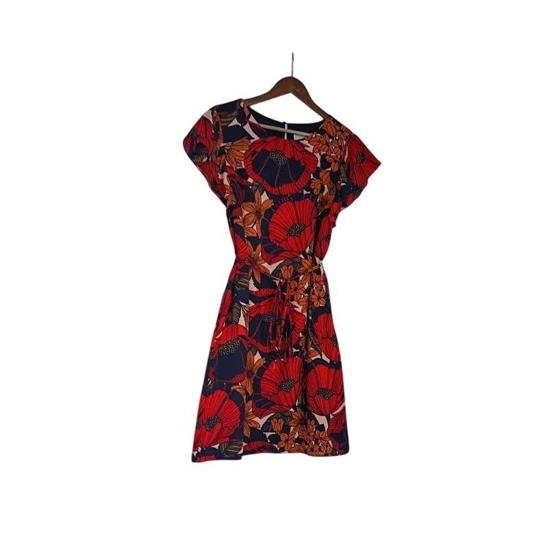 LOFT Poppy Floral Flutter Sleeve Tie Waist Mini Dress S Black Orange Boho Summer