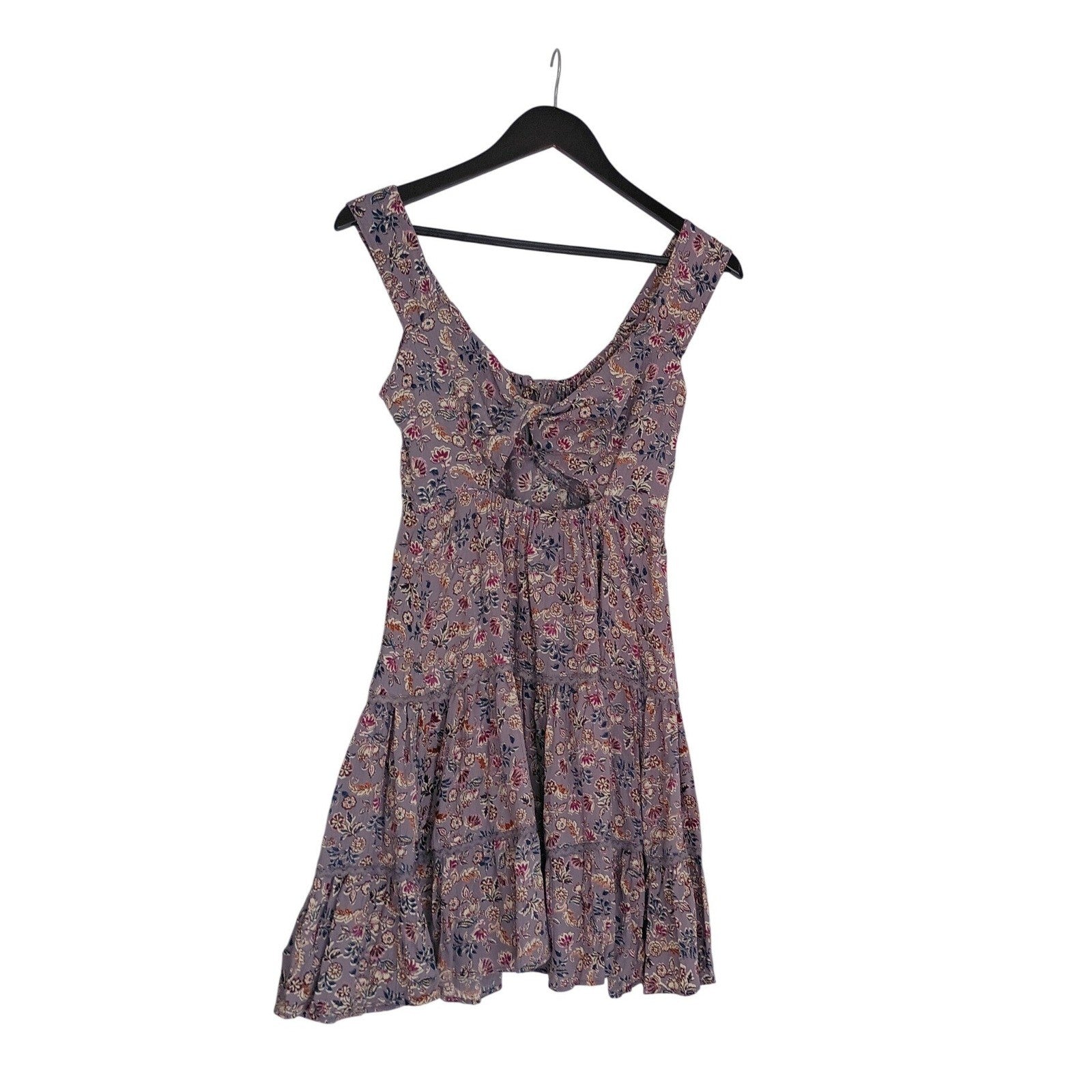 ANGIE Cottagecore Purple Floral Boho Tiered Mini Dress S Lace Trim Tie Front