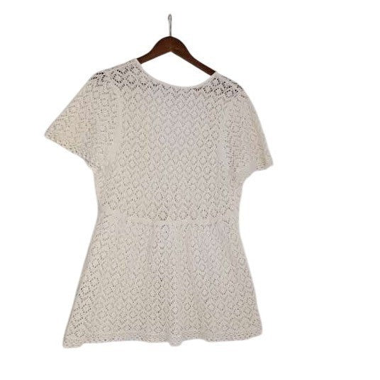 Metro 7  100% Cotton M/L White Crochet Knit Peplum V-Neck Top Short Sleeve