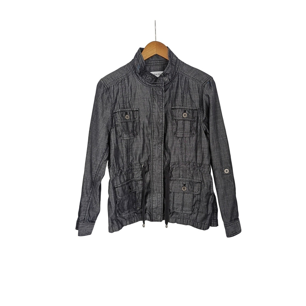 Calvin Klein Utility Jacket 100% Cotton L Charcoal Gray Button Drawstring Waist