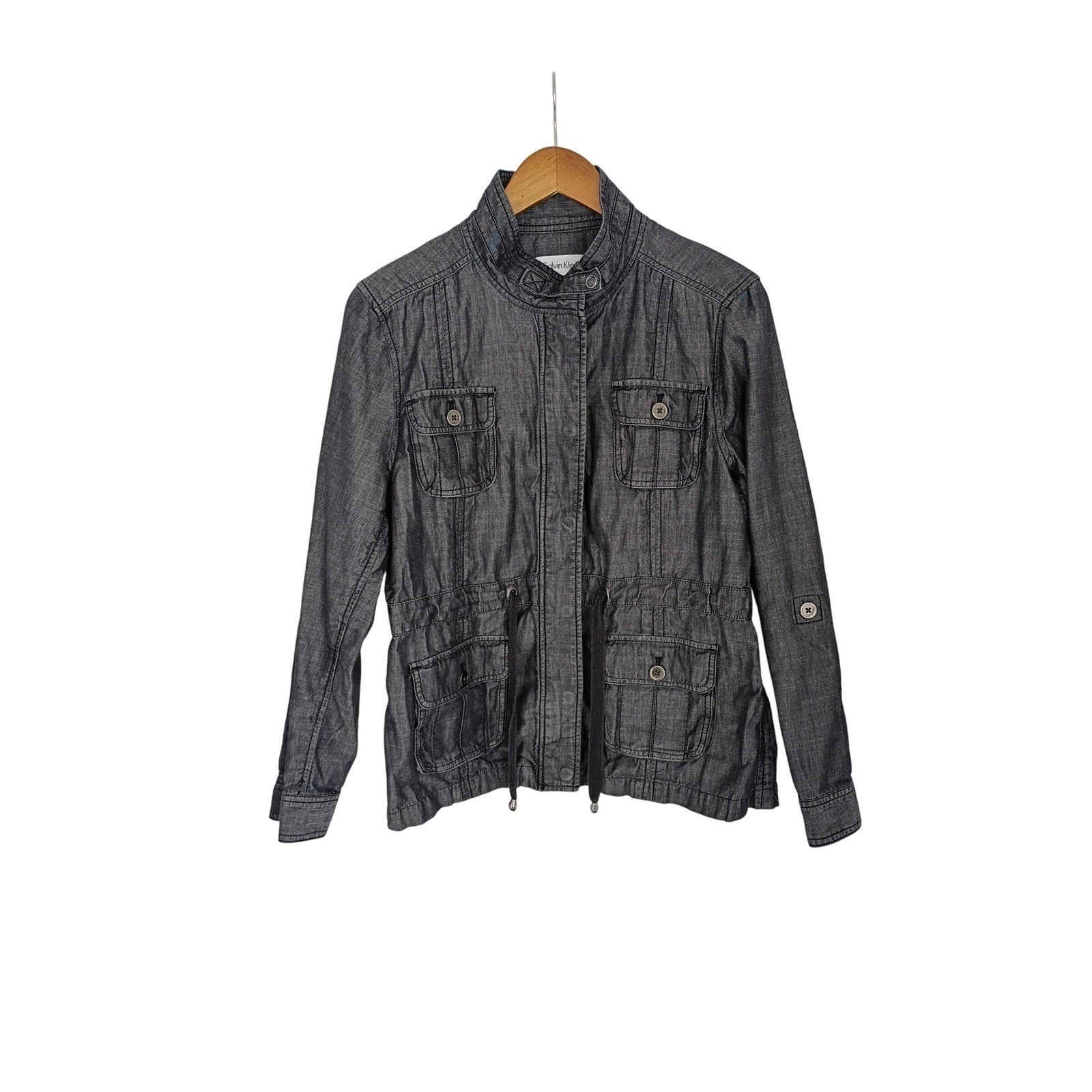Calvin Klein Utility Jacket 100% Cotton L Charcoal Gray Button Drawstring Waist