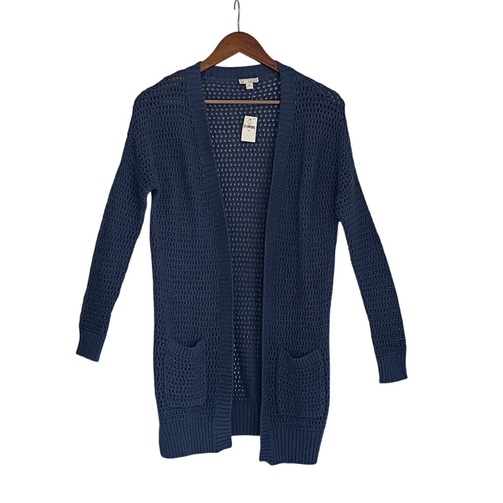 GAP NWT 100% Cotton Mesh Blue Crochet Knit Cardigan Longline Open Cozy Layer S