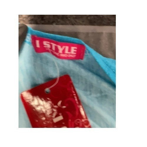 I STYLE Tropical Turquoise Blue Peacock Floral Print Sht Sleeve Tunic Top L