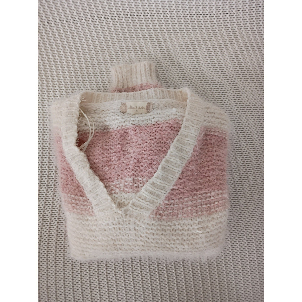 Altar'd State Sweater S M Pink Cream Striped Fuzzy Eyelash Knit Cropped V-Neck