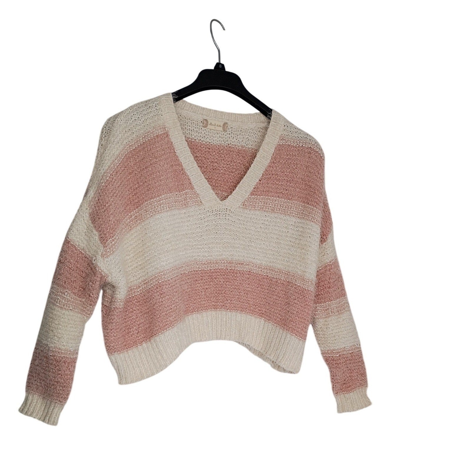 Altar'd State Sweater S M Pink Cream Striped Fuzzy Eyelash Knit Cropped V-Neck