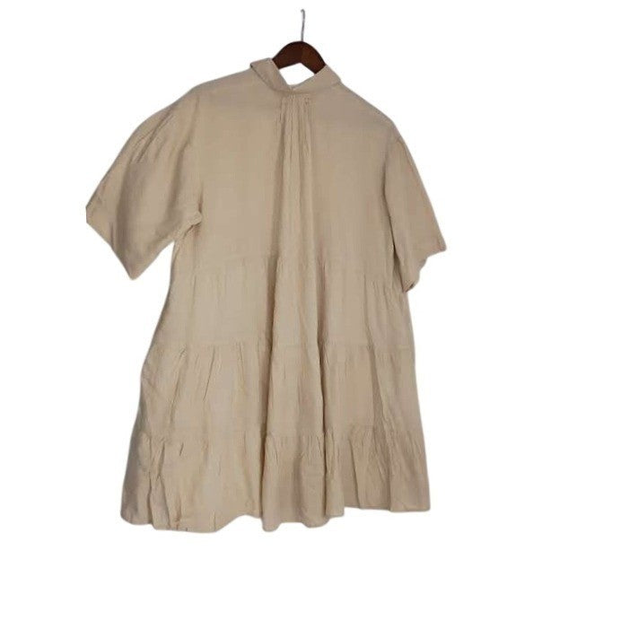 NWT RHEA Tan Tiered Babydoll Mini Dress L/XL Oversized Boho Viscose Short Sleeve