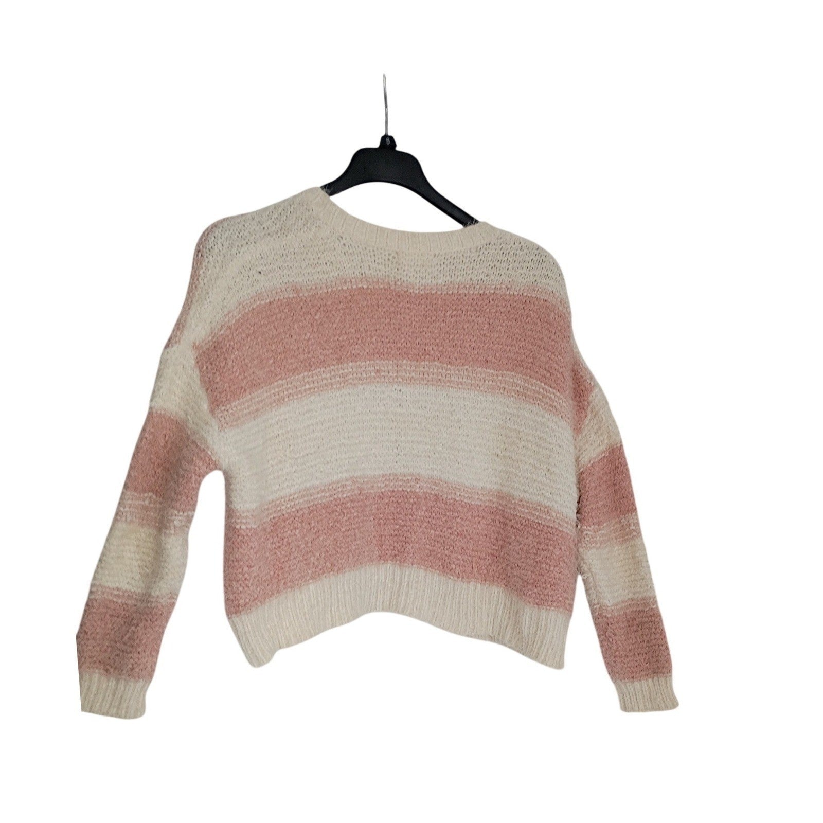 Altar'd State Sweater S M Pink Cream Striped Fuzzy Eyelash Knit Cropped V-Neck