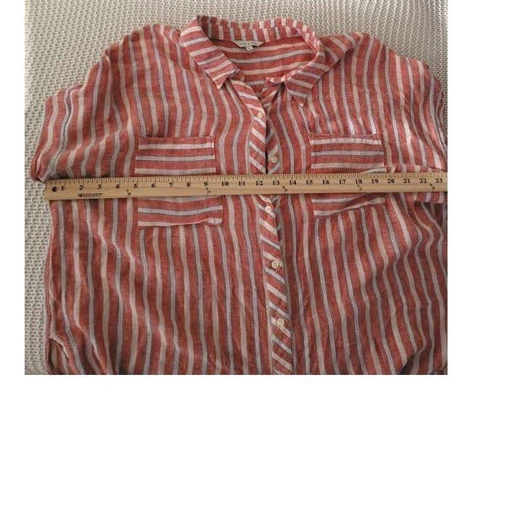 LUCKY BRAND Striped Button Up Tie Frnt Shirt Red Wht Blue Linen Blend XL Coastal