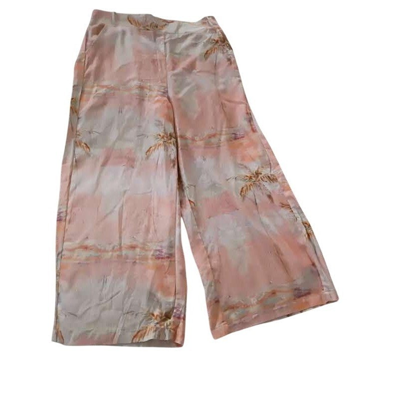 Rachel Zoe NWT Linen Blend Wide Leg Tropical Palm Tree Print Pants Peach Pink