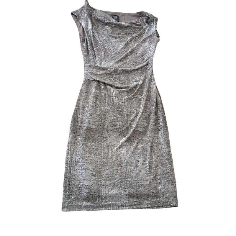 Vince Camuto Metallic Sheen Sheath Dress Silver Ruched Statement Dress M NWOT