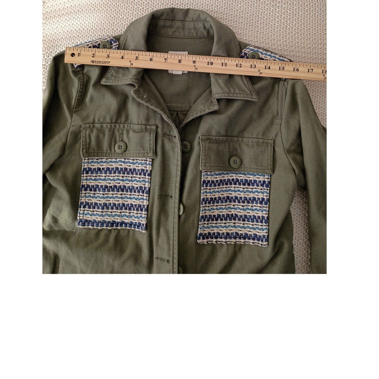 GAP Olive Green Utility Jacket Embellished Pocket Button Down Size M 100% Cotton