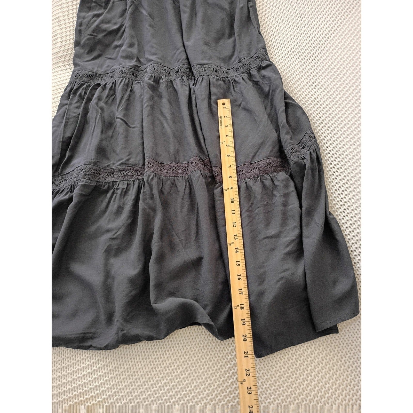 NWT Splendid Dark Gray Tiered Maxi Dress Crochet Lace Trim Boho Viscose M $188