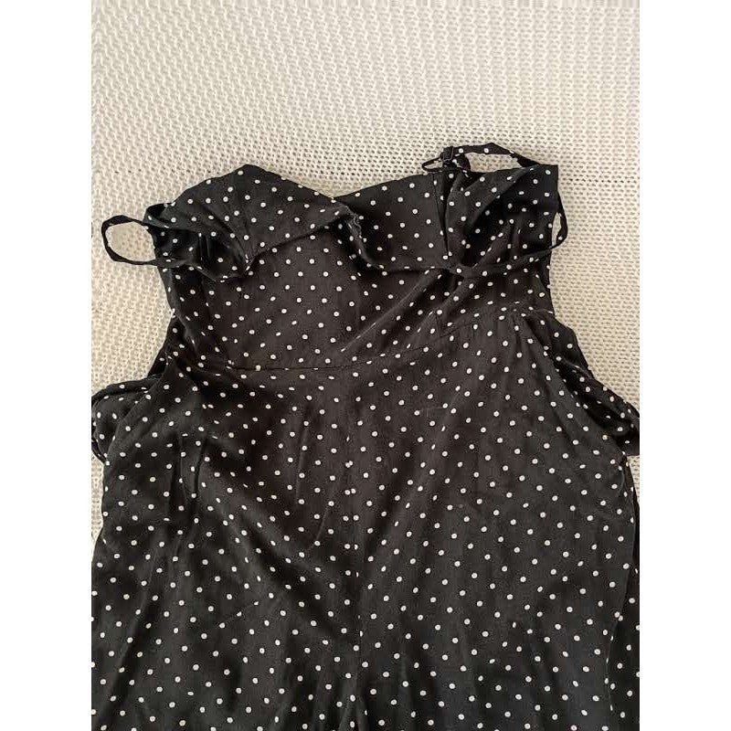 Classic Polka Dot Smocked Wide Leg Jumpsuit L Black White Sleeveless Retro Boho