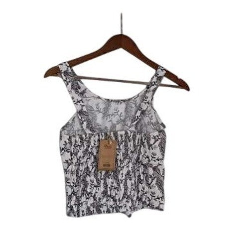 NWT RHEA Boho Peacock Floral Print Scoop Neck Tank Top Black White Slvlss Blouse