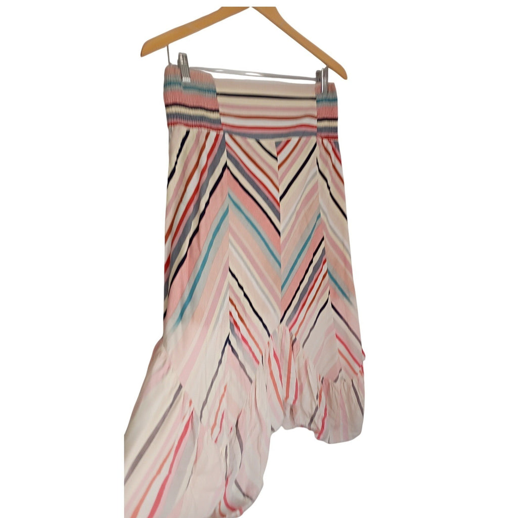 Umgee USA NWOT Pink Blue Striped High-Low Ruffle Midi Skirt Smocked Boho S NWOT