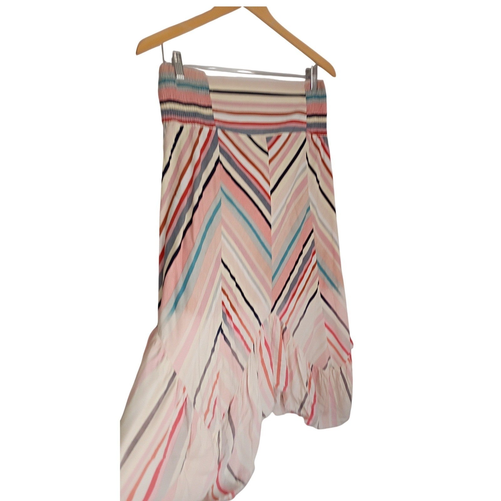 Umgee USA NWOT Pink Blue Striped High-Low Ruffle Midi Skirt Smocked Boho S NWOT