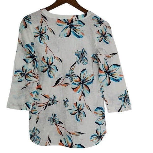 NWT Van Heusen Cotton White Floral Print 3/4 Sleeve V-Neck Top Minimalist S