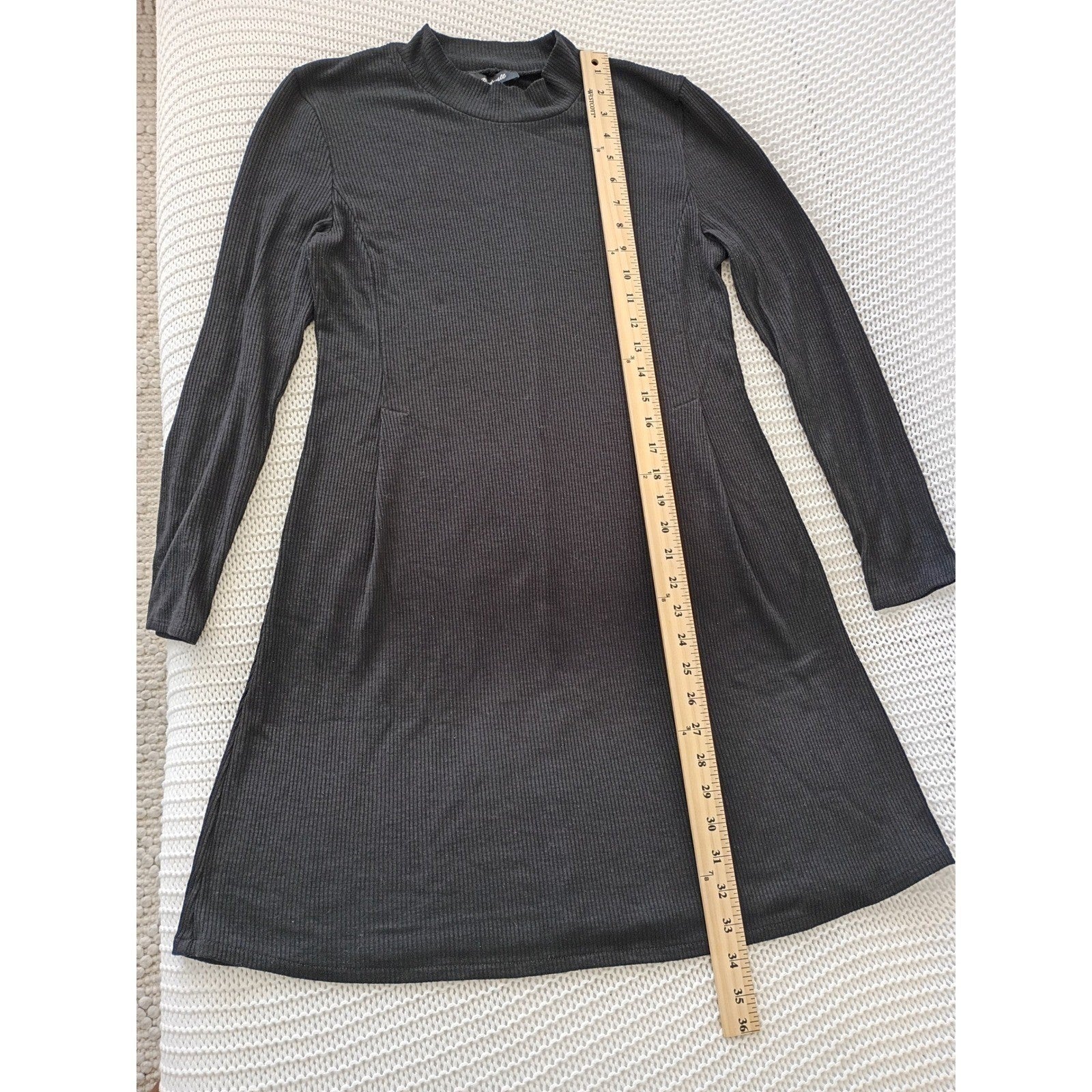Madewell Black Ribbed Mock Neck Dress M Long Slve A-Line Mini Minimalist Stretch