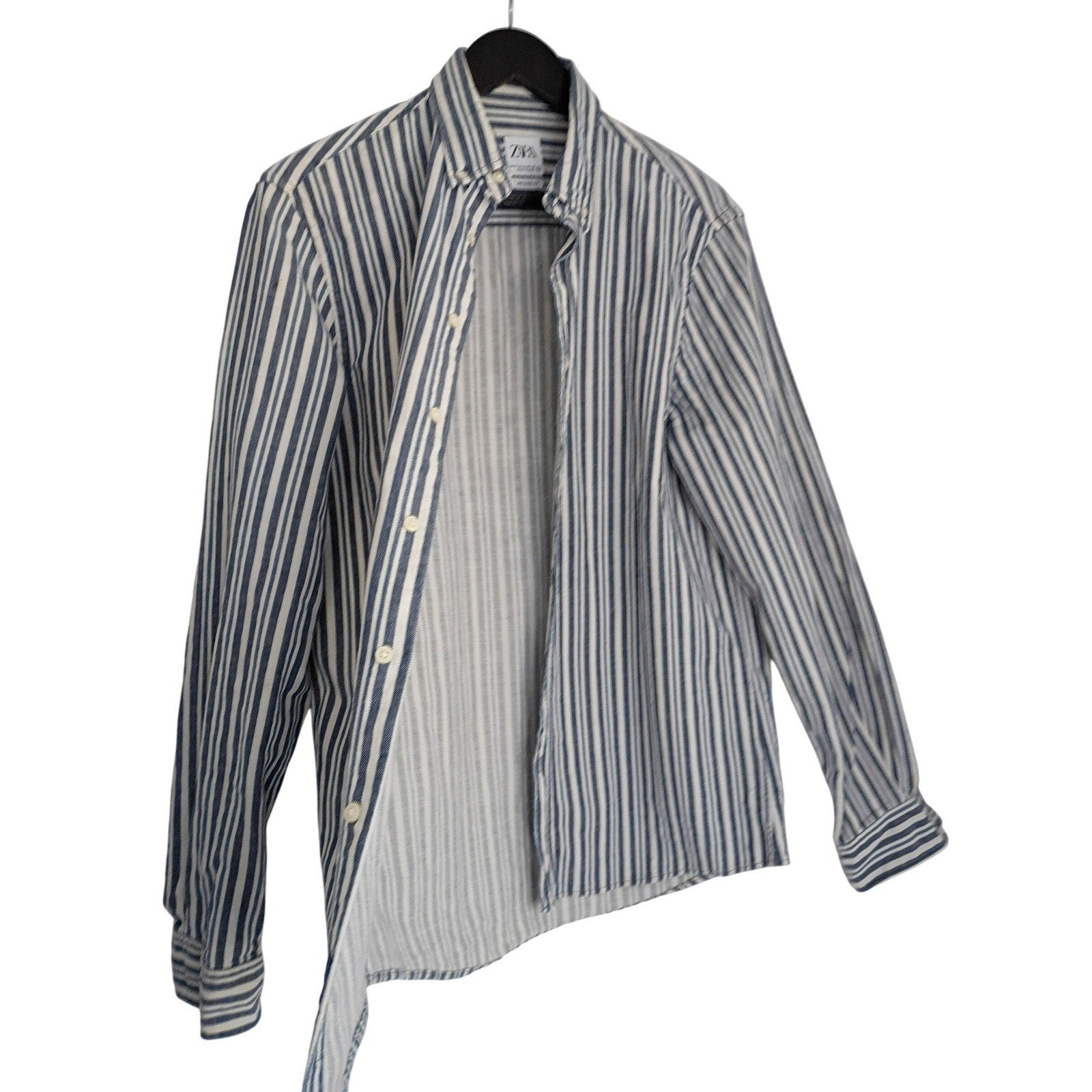 ZARA Men's Blue White Striped Button Down Shirt Medium 98% Cotton