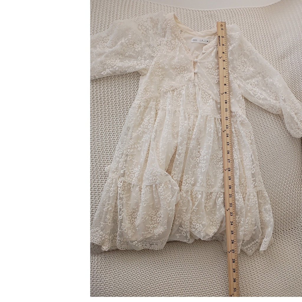 Zara Kids Lace Dress Cream White Button Front Tiered Ruffle Girls Size 8