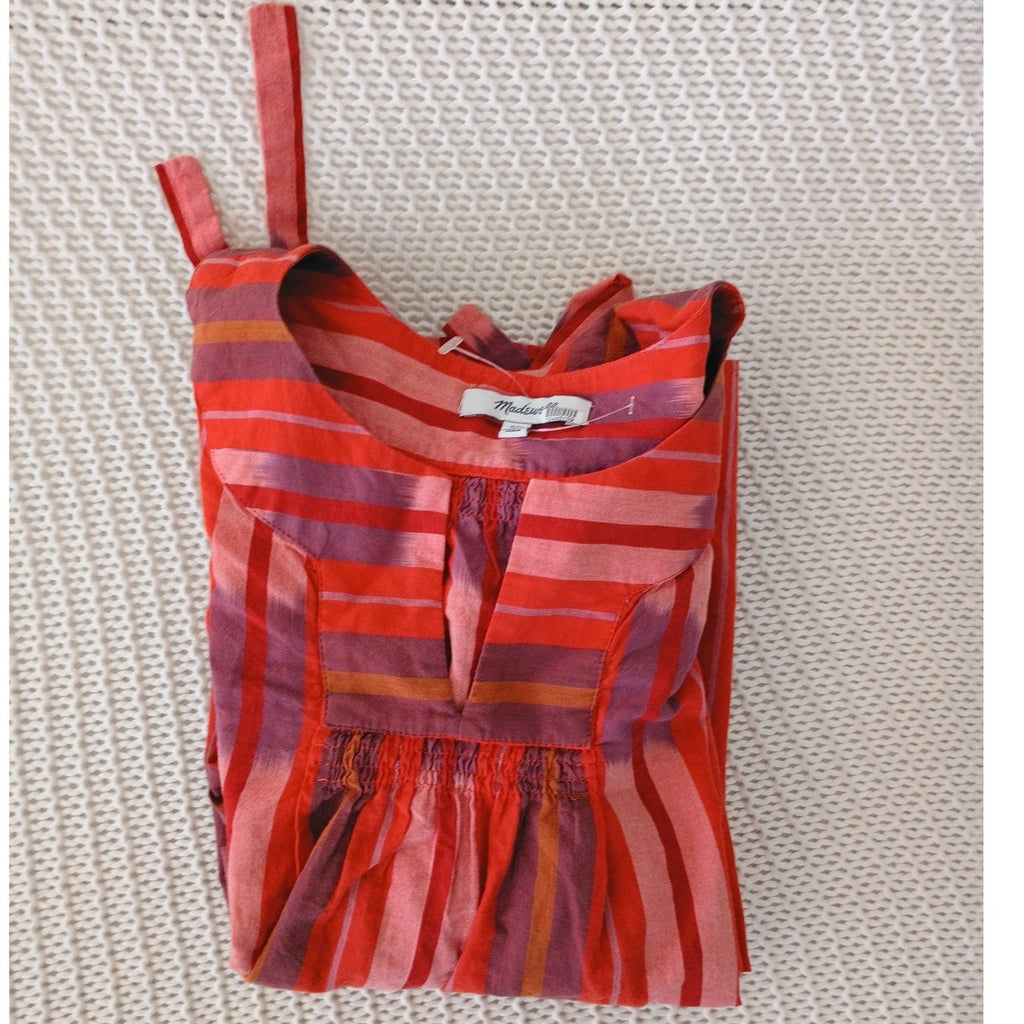 Madewell Red Boho Ikat Stripe 100% Cotton Tie Cuff Blouse Fits S M NWOT $78