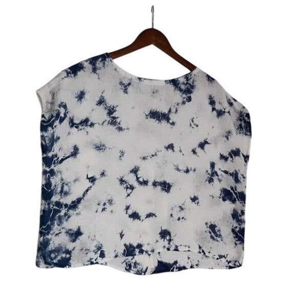 Rachel Zoe 100% Linen Blue White Tie Dye Boxy Short Sleeve Blouse Large  NWOT
