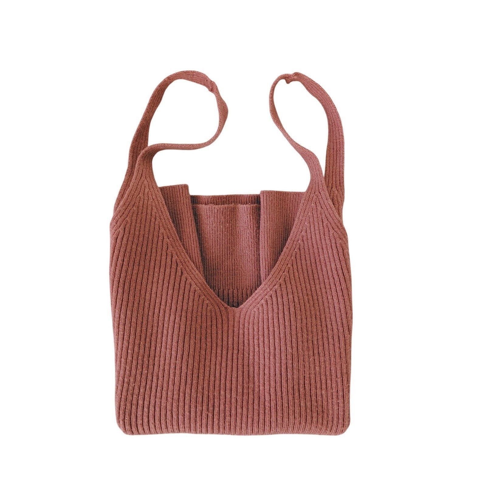 Bucul Knit Ribbed V Neck Camisole Tank Top Rusty Rose S M