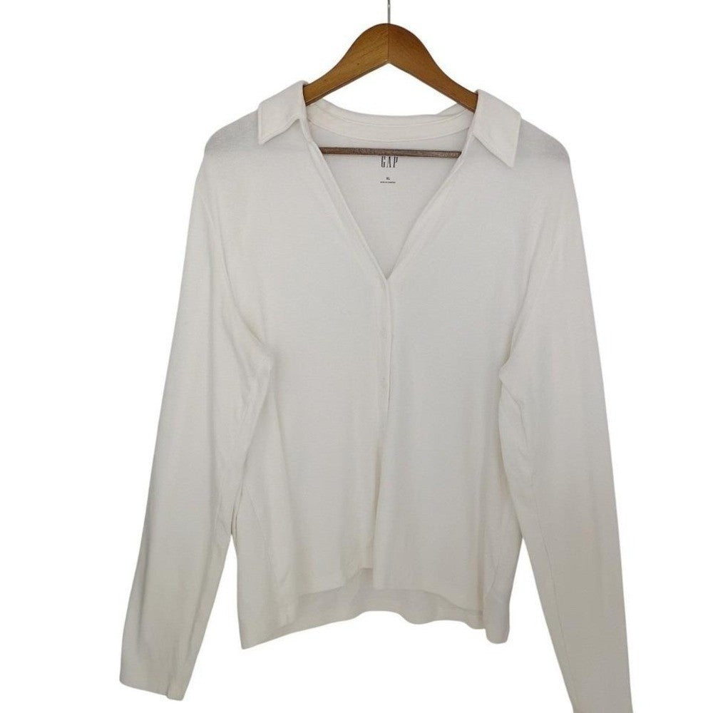 GAP Off White Long Sleeve Collared V Neck Button Up Cotton Modal Top Women XL