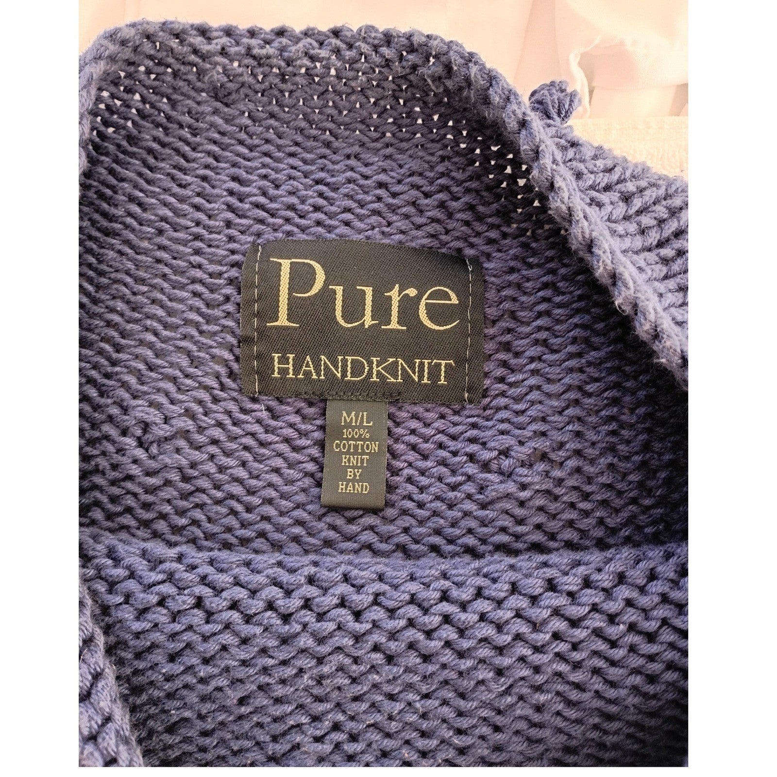 Pure Handknit Blue Cotton Bobble Sweater M/L Boat Neck Long Sleeve
