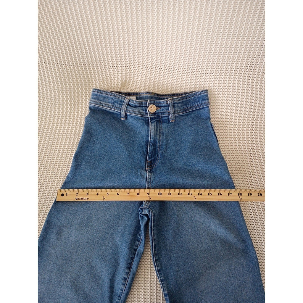 Zara High Super High Rise Wide Leg Jeans Blue Denim Frayed Hem Womens 24x28
