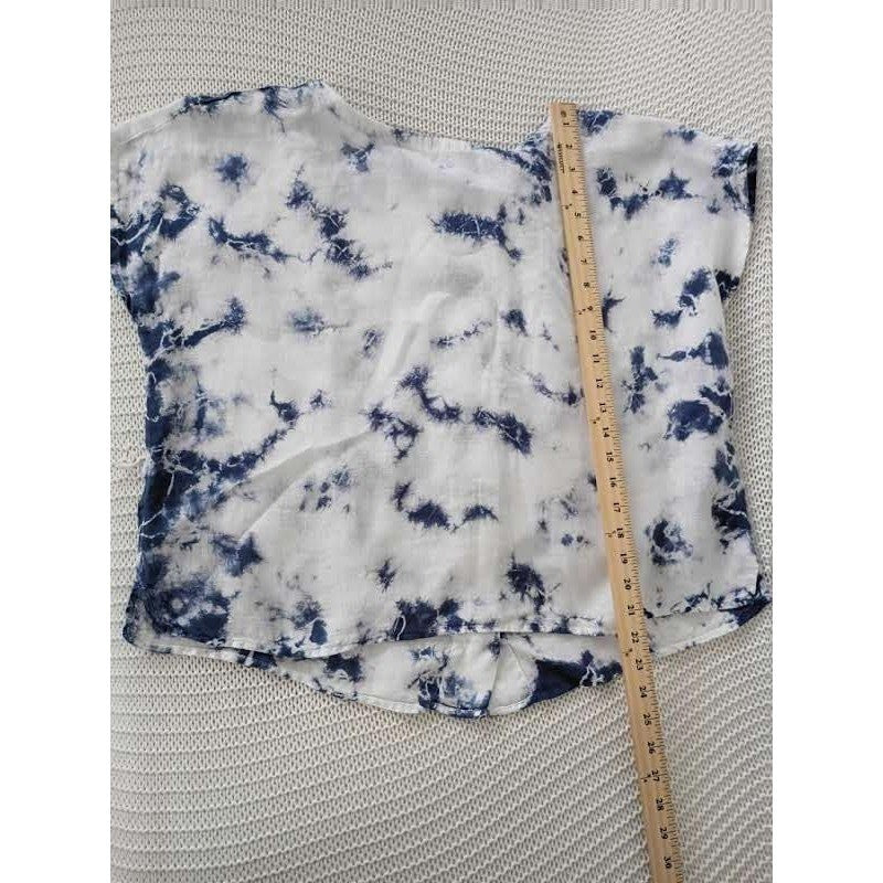 Rachel Zoe 100% Linen Blue White Tie Dye Boxy Short Sleeve Blouse Large  NWOT
