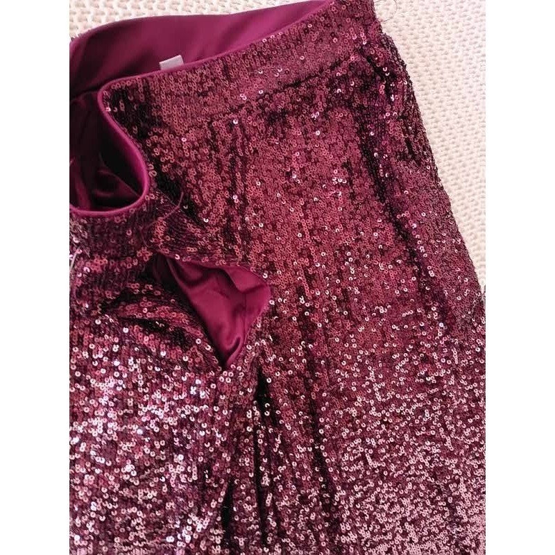 Cable & Gauge Glamarous Shimmering Sequin Pants Burgundy Sparkle Ombre Style S