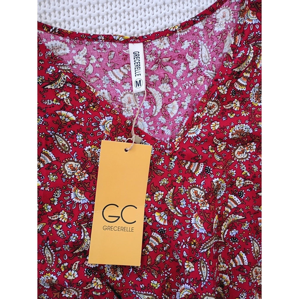 NWT Grecerelle Red Paisley Floral Maxi Dress V-Neck Short Sleeve Elastic Waist M