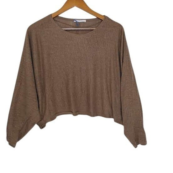 ZARA Basic Linen Blend Dolman Sleeve Cropped Sweater Brown Effortless S